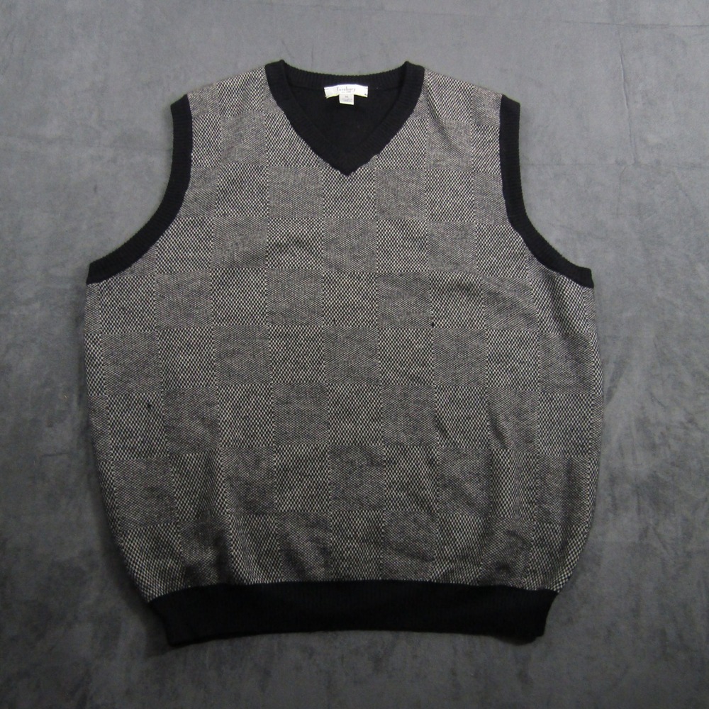 Turnbury Sweater Vest Mens XL Black Gray Checkered 100% Merino Wool V-Neck